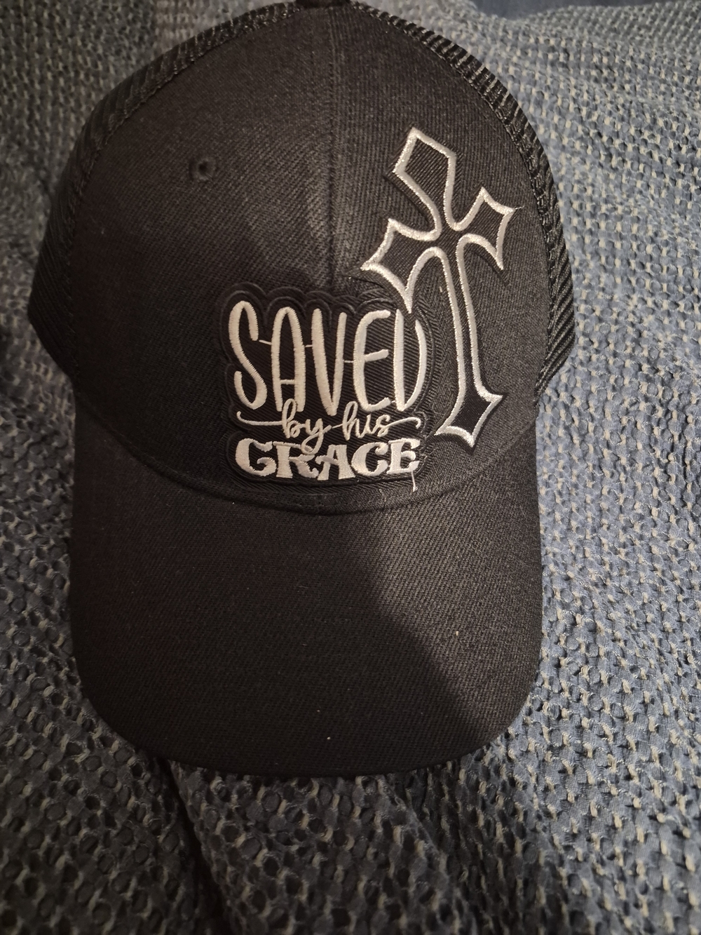 Saved by His Grace Black Baseball Hat with Cross